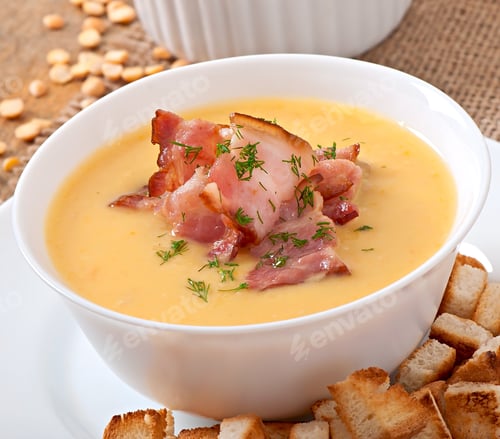 Preview: Cream Soup Of Peas With Fried Bacon And Croutons