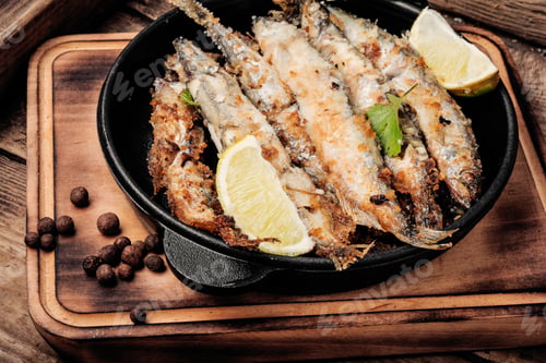 Preview: Fish Fried Breaded On Iron Cast Pan.Deep-Fried Fish