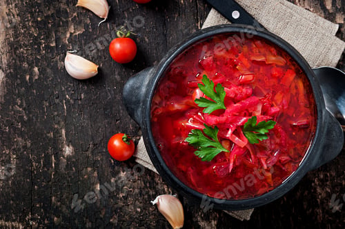 Preview: Traditional Ukrainian Russian Vegetable Borsch On The Old Wooden Background. Top View