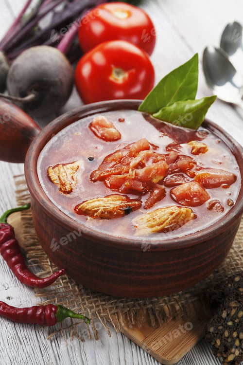 Preview: Soup With Red Beets And Meat. Russian Traditional Dish. Borsch