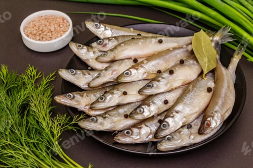 Preview: Raw Sea Fish Smelt, Sardines, Anchovies, Capelin With The Scent Of Fresh Cucumber Ready For
