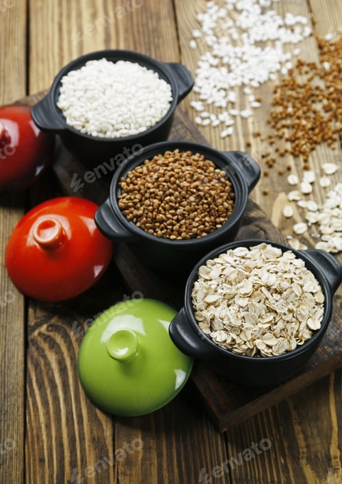 Preview: Buckwheat, Oats And Rice In A Ceramic Pot On The Table
