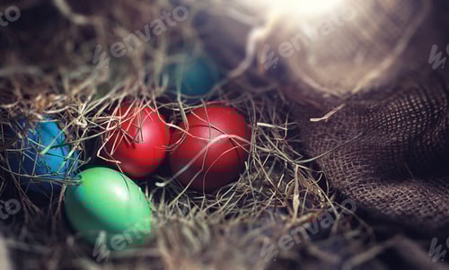 Preview: Easter Painted Eggs On Burlap And Straw