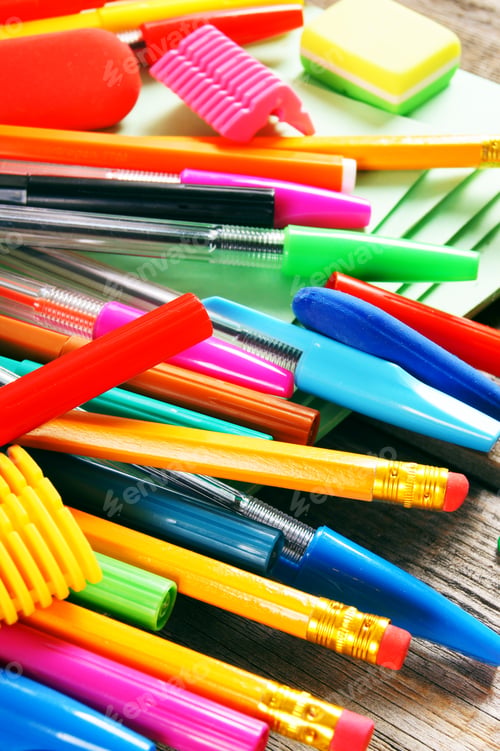 Preview: School Tools. On A Wooden Background.