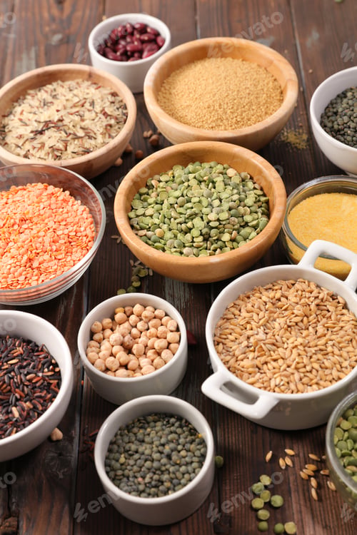 Preview: Assorted Of Grain And Cereal In Bowl- Lentils, Semolina, Chickpea, Rice...
