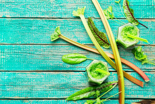 Preview: Healthy Summer Green Smoothie From Stalks Of Rhubarb And Herbs.Copy Space