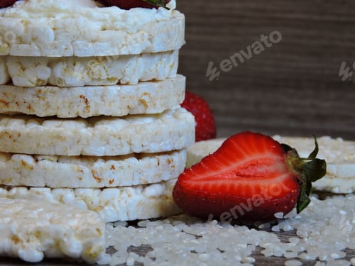 Preview: Rice Cakes With Strawberries. Rice Grain And Strawberry. Copy Space.