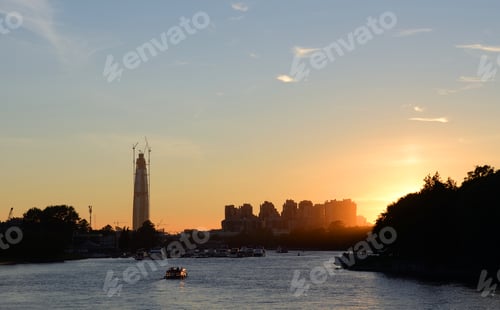 Preview: View Of Neva River And North Western Outskirts Of St. Petersburg At Sunset, Russia.