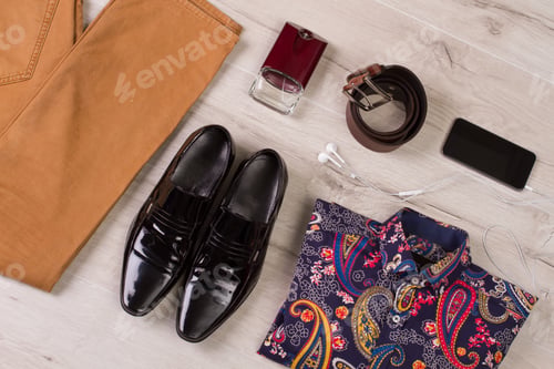 Preview: Men'S Collection On A Wooden Background.