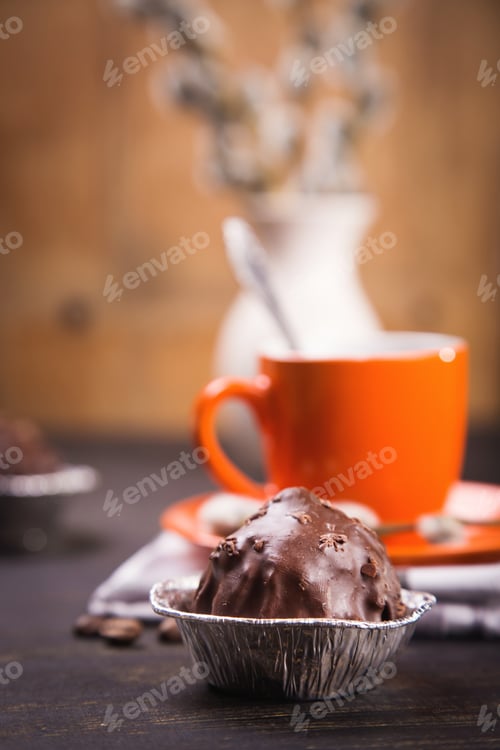 Preview: Orange Cup Of Coffee With Chocolate Cakes And Willow Flowers