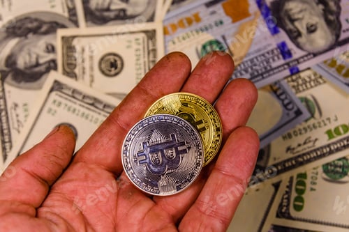 Preview: Hand With Bitcoins Against One Hundred Dollar Bills