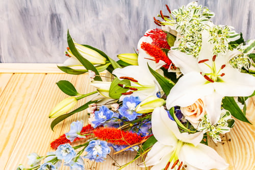 Preview: Bouquet Of Summer Festive Flowers. The Concept Of A Romantic Gift. Bridal Bouquet. Light Wooden