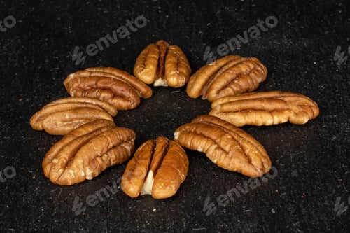 Preview: Group Of Eight Whole Tasty Brown Pecan Half On Grey Stone
