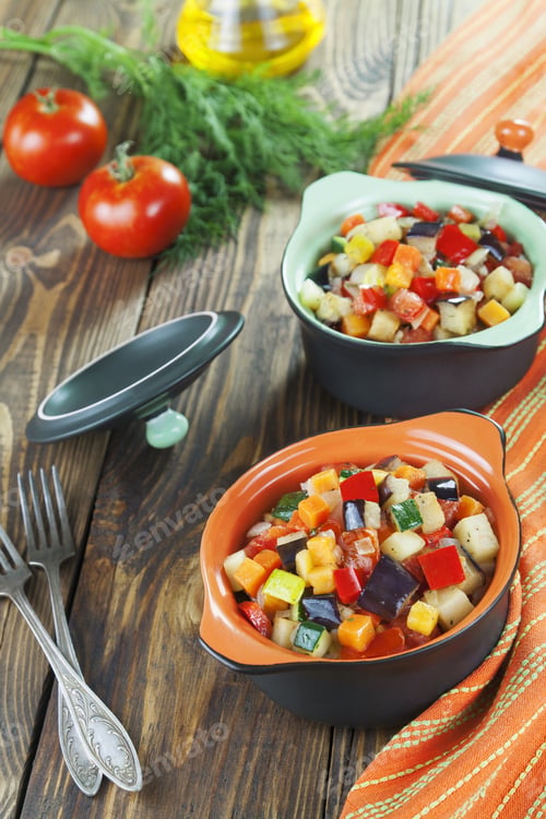 Preview: Baked Colorful Vegetables On A Wooden Table