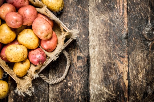 Preview: Fresh Potatoes On A Wooden Tray. On A Wooden Background.