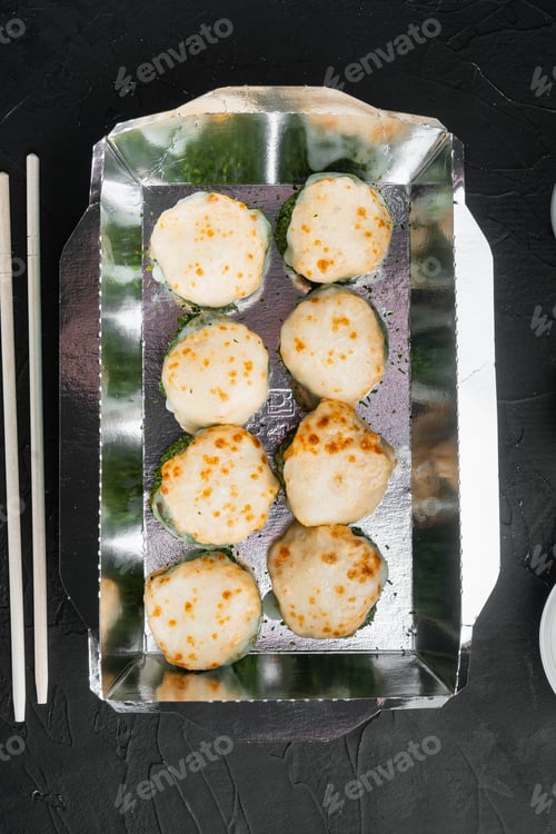 Preview: Variety Of Different Sushi And Rolls Fro, Salmon And Tuna In Delivery Food Concept Set, On Black