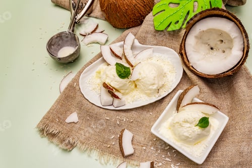 Preview: Lactose Free Coconut Ice Cream. Special Spoon, Halves Of Fruit, Flakes. Vegan Dessert Concept