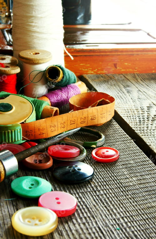 Preview: Sewing Background. Sewing Accessories On Wooden Background