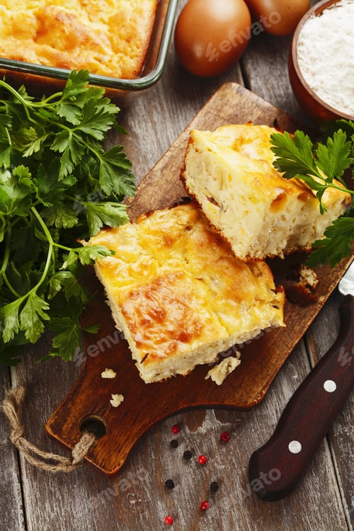 Preview: Homemade Pie With Cabbage And Eggs On The Cutting Board