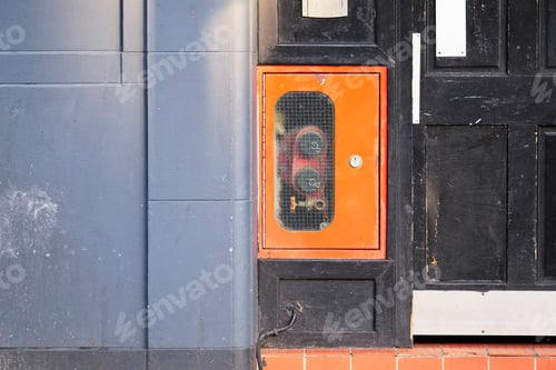 Preview: Dry Riser Inlet Box Red On Brick Wall For Emergency Fire Services Water Connection For Hose Brigade