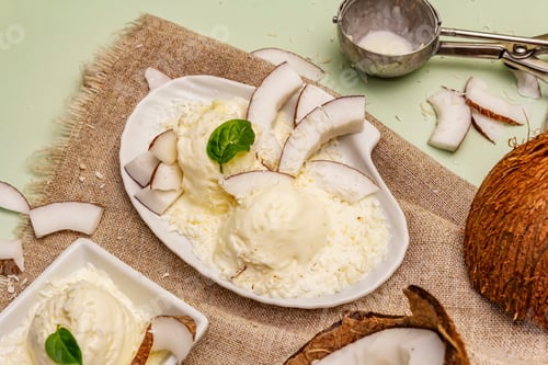 Preview: Lactose Free Coconut Ice Cream. Special Spoon, Halves Of Fruit, Flakes. Vegan Dessert Concept