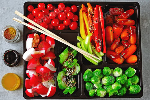Preview: Vegan Vegetable Set. Healthy Food. Vegan Snack With Vegetable Salads. Lunch Box With Vegetables