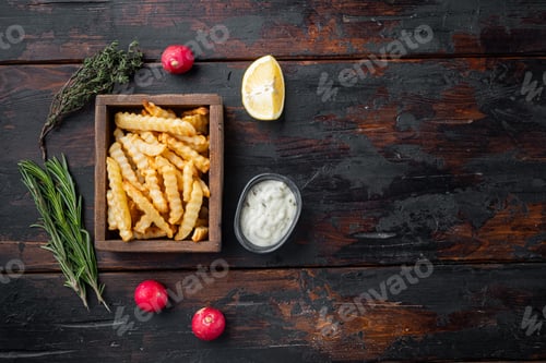 Preview: French Fries Potatoes Set, In Wooden Box, On Old Dark Wooden Table Background, Top View Flat Lay