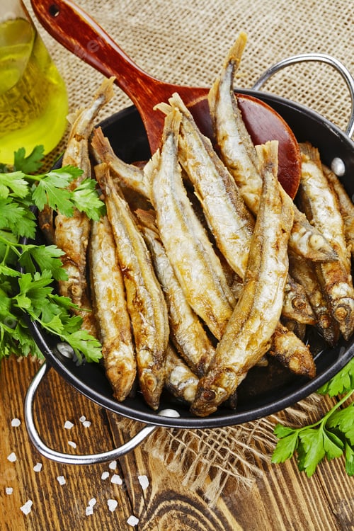 Preview: Fried Fish Capelin In A Pan On The Table