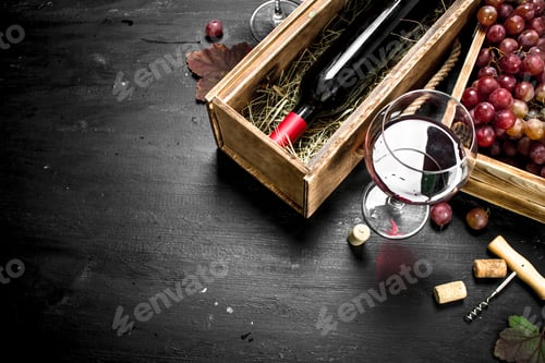 Preview: Wine Background. Red Wine In An Old Box With A Corkscrew. On The Black Chalkboard.