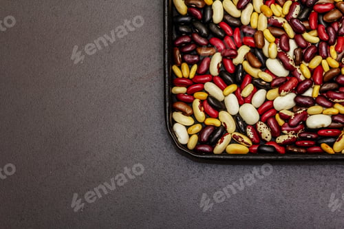 Preview: Assorted Different Types Of Beans In Baking Sheet. Set Of Various Dry Legumes On Black Stone