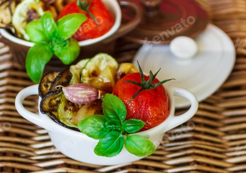 Preview: Vegetables, The Roasted - Eggplant, Zucchini, Tomatoes, Peppers And Garlic. Dietary Nutrition. Soft