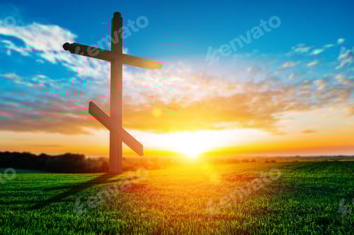 Preview: Wooden Cross In Morning Green Field. Christian Concept