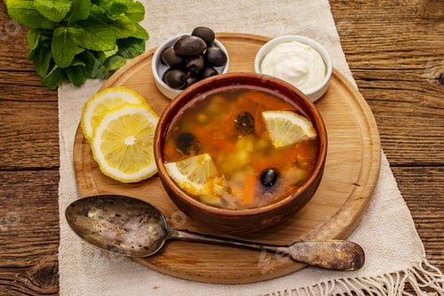 Preview: Hodgepodge, Hot Soup Served In Traditional Ceramic Bowl And Pot. Classical Eastern Europe Dish, Old