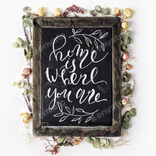Preview: Inspirational Quote "Home Is Where You Are" Written In Calligraphy Style At Black Wooden Chalkboard