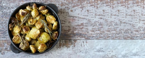 Preview: Roasted Brussels Sprouts In A Cast Iron Skillet. Healthy Food. Vegan Lunch. Selective Focus. Soft