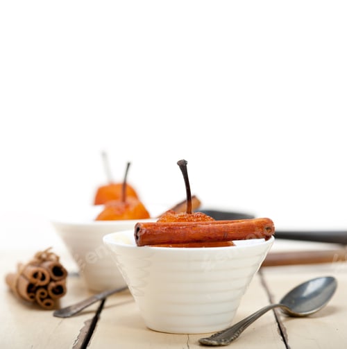 Preview: Poached Pears Delicious Home Made Recipe Ove White Rustic Wood Table