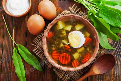 Preview: Sorrel Soup With Egg On Wooden Table