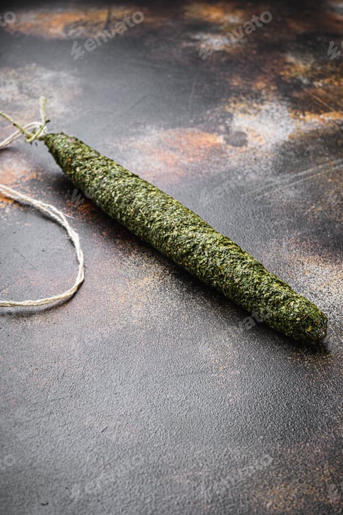 Preview: Spanish Dry Salami Fuet In Herbs On Dark Background With Copy Space.