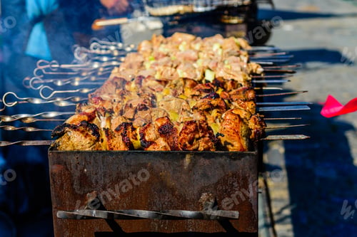 Preview: Skewers With Meat Over Charcoals. Cooking Shashlik
