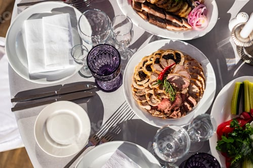 Preview: Gourmet Meat Meals Assortment Flat Lay. Top View On Restaurant Table With Menu Of Tasty Grilled