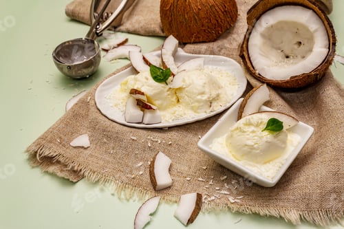 Preview: Lactose Free Coconut Ice Cream. Special Spoon, Halves Of Fruit, Flakes. Vegan Dessert Concept