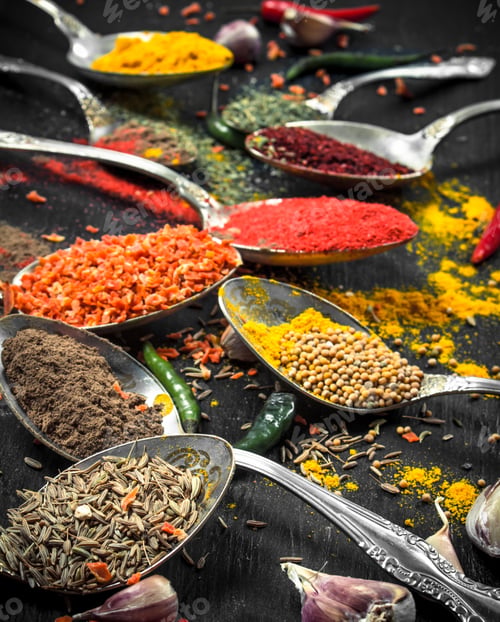 Preview: Ground Spices And Herbs In Spoons. On The Black Chalkboard.