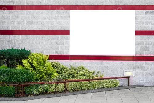 Preview: Plain White Banner On Decorative Wall With Green Bushes And Red Stripes
