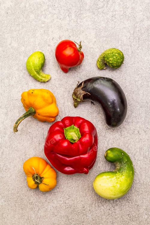 Preview: Trendy Ugly Organic Vegetables. Assortment Of Fresh Pepper, Eggplant, Cucumber, Tomato, Pumpkin