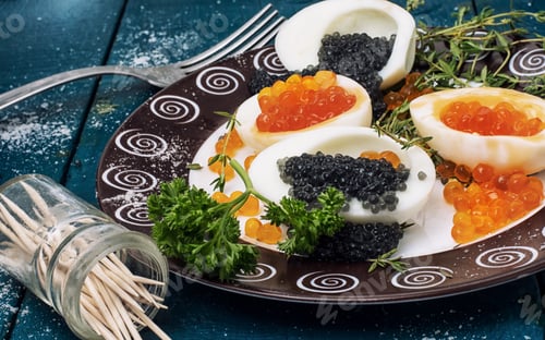 Preview: Chicken Egg With Red And Black Caviar
