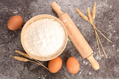 Preview: Bowl Of Flour, Egg And Rolling Pin