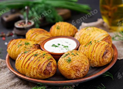 Preview: Baked Potato With Herbs And Sauce On Black Background. Vegan Food. Healthy Meal.