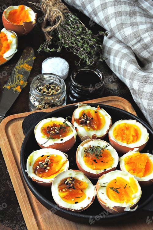 Preview: Soft-Boiled Eggs In The Shell In A Small Skillet. Useful Stylish Breakfast. Keto Breakfast.