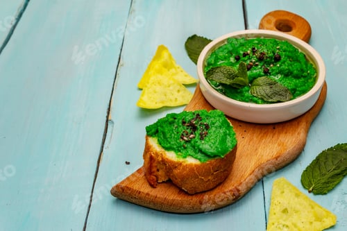 Preview: Hummus, Healthy Vegan (Vegetarian) Food. Edamame Dry Beans, Fresh Mint. Trendy Turquoise Wooden