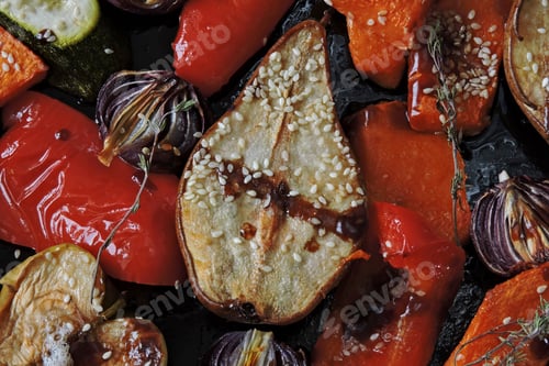 Preview: Appetizing Baked Vegetables. Healthy Food. Vegan Lunch